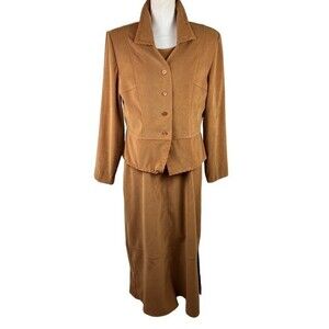 Vintage Sag Harbor 2 Piece Dress Jacket Size 14 Faux Suede Brown 90s Stretch